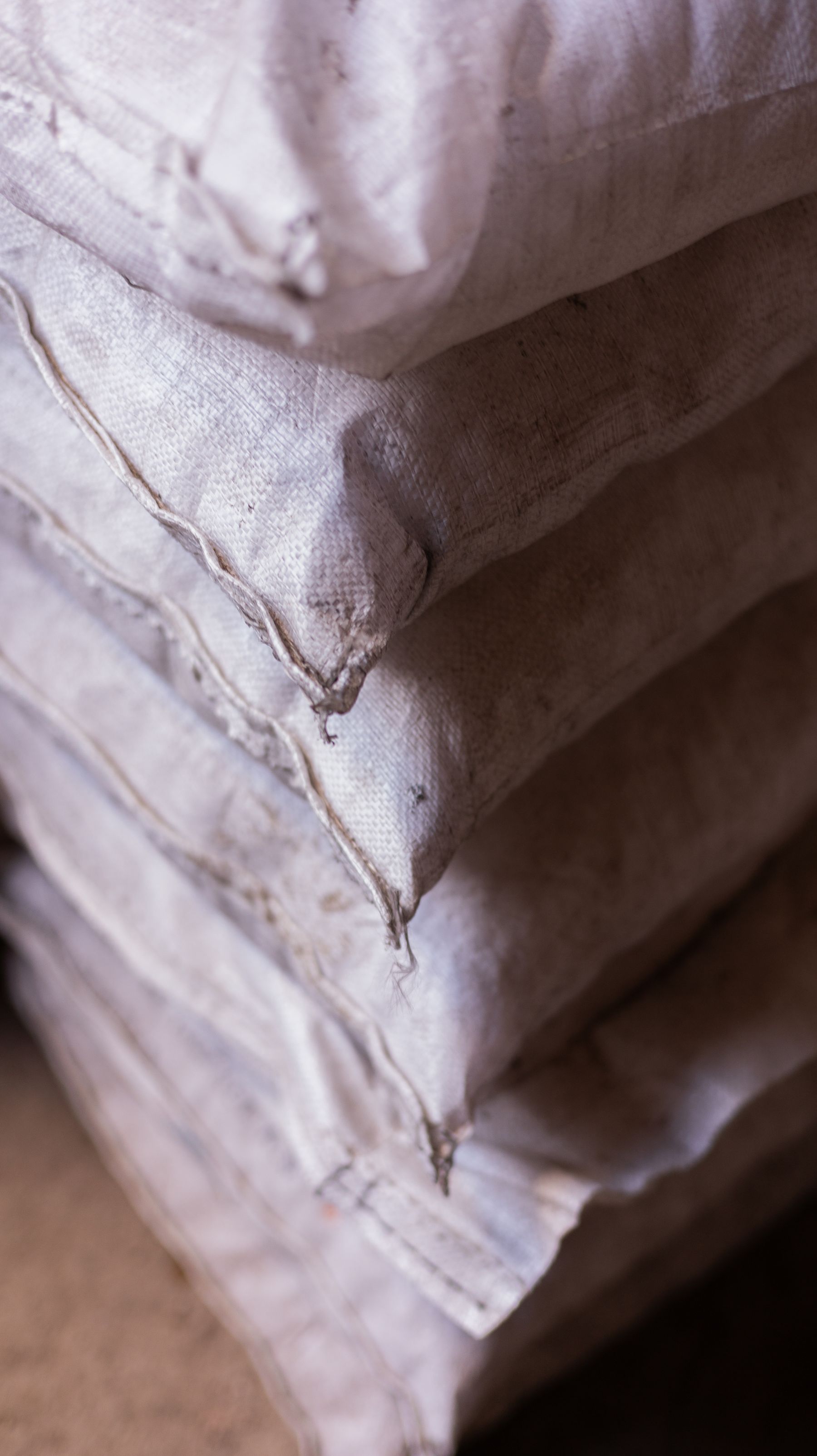 Agricultural sacks stacked in a warehouse for storage and dispatch